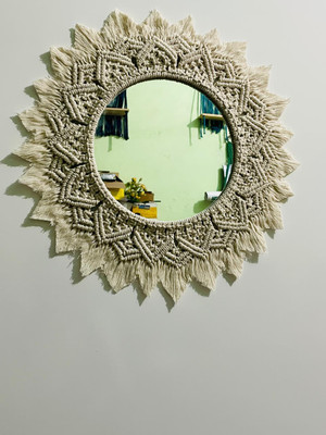 ZAWI Macrame Wall Mirror with Boho Fringes for Apartment Living Room Bedroom(40 cm X 40 cm, OFF WHITE)