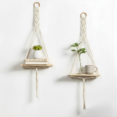 DECORAINC Macrame Wall Hanging Shelf Boho Wall Decor | Handmade Bohemian home Decor Shelf Pack of 2(10 cm X 30 cm, White)