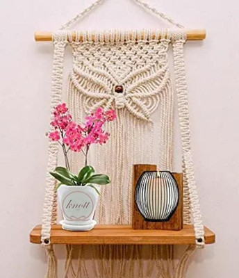 RAGHWANI Macrame Wall Hanging Shelf Wood Floating Boho Shelves with Wooden Dowel(White)