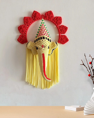 Kasba Macrame Wall Hanging | Handmade | Red & Light Yellow | 2.5 feet | Shri Ganesha(20 inch X 14 inch, Red & Light Yellow)