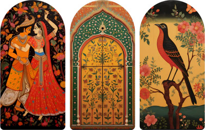 BookYourGift Traditional Rajasthani Couple Pichwai Wood Print Wall Art Set of 3 Decor Pack of 3(12 inch X 17.5 inch, Multicolor)