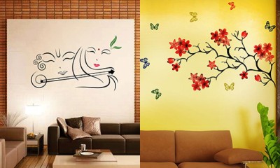 EJAart 10 cm Combo Set of 2 Wall Stickers |Radhe Krishna with Flute|Chinese Flower Chalkboard Sticker(Pack of 2)