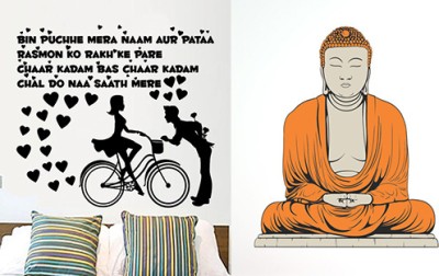 EJAart 45 cm Trendy Set of 2 Wall Hangings Chal Do Na English+Spritual Multicolor buddha Self Adhesive Sticker(Pack of 2)