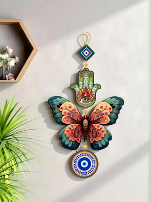 MegaValue wooden green fusion butterfly with evil eye wall hanging,office,living room(Multicolor)