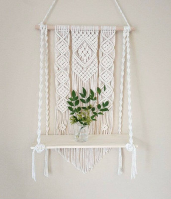 Aain Macrame Wall Shelf Hangers Bohemian Natural Pine Wood Modern Boho Decor Shelf(60 cm X 30 cm, White)