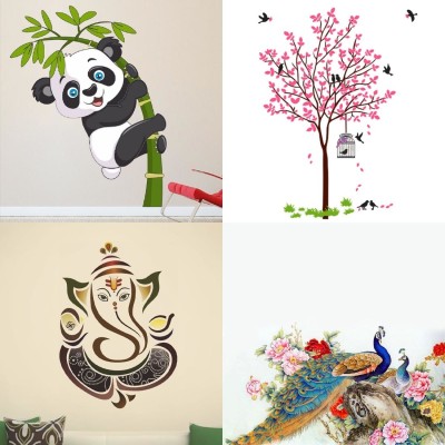 EJAart 45 cm Baby Panda+Pink Tree Bird & Nest+Royal Ganesh+Royal Peacock Self Adhesive Sticker(Pack of 4)