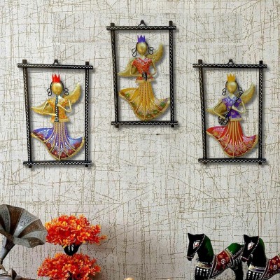 RSN 3 Rajasthani Pari Musician Metal Frame Wall Art, Wall Hanging for Living Room(19 cm X 5 cm, Multicolor)
