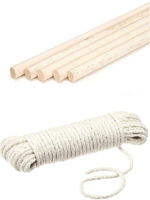 JCT AGRICO 10 INCH LONG 5 WOODEN DOWEL STICK & 15M LONG COTTON ROPE(5mm)FOR MACRAME,HANGER Pack of 6(light cream wooden rod/stick, white rope)