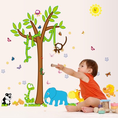 JAAMSO ROYALS 90 cm GreenViji Tree with Animals, Birds, Butterfly Wall Sticker (60cm x 90cm) Self Adhesive Sticker(Pack of 1)