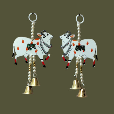 Sohibe Pichwai Cow Shubh Labh Pair Wall Hanging(8 inch X 4 inch, White)