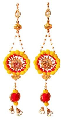 handicraft akshaadi Designer auspicious Shubh-Labh inside the ring and Yellow Pompom Door Side Toran Pack of 2(Multicolor)