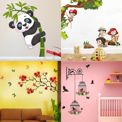 EJAart 45 cm Baby Panda+Branches and Cages+Kids Activity+Chinese Flower Self Adhesive Sticker(Pack of 4)