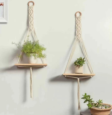 ONEDEEP Macrame Hanging Shelves, Wooden Wall Shelves with Handmade Woven Hanger Pack of 2(White)