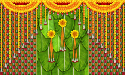 CLASSYPRINT Bananaleaf Backdrop Cloth with Marigold and Suflowers Design(60 inch X 96 inch, Green)