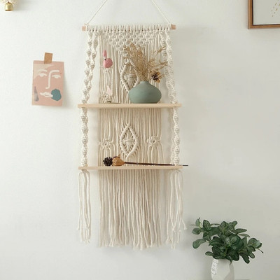 RaisingCraft Macrame wall hanging double shelf(33 inch X 12 inch, White)