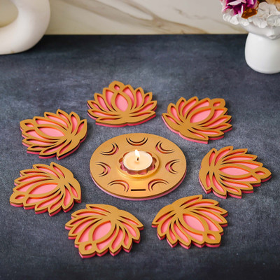 eCraftIndia Gold Pink MDF Wooden Cut Out Lotus Flower Rangoli Showpieces Tea Light Holder(12.5 cm X 2.54 cm, Multicolor)