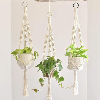 RAKANO MACRAME Home Décor/Indoor Wall Hanging/Boho Planter Hanger/Pot Holder Pack of 3(White)