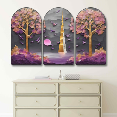 Aartify Golden Tower with Trees Wall Art | Set of 3 Panel Modern Abstract Artwork Digital Reprint 20 inch x 30 inch Painting(With Frame, Pack of 3)