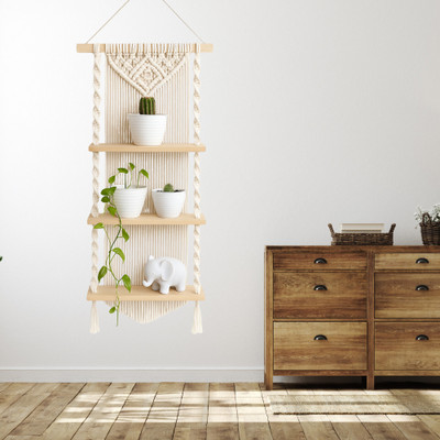 DECORAINC Macramé Wall Hanging Shelf with 3 Wooden Tiers | Boho Rope Plant Holder(10 cm X 25 cm, White)