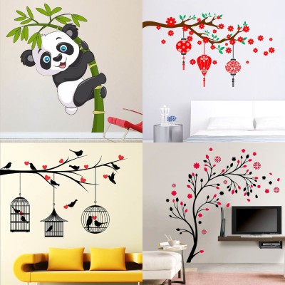 EJAart 45 cm Baby Panda+LoveBirds & Hearts+magical tree+Red flower & lantern Self Adhesive Sticker(Pack of 4)
