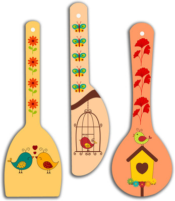 saf Birds spoon shape Mdf Wooden Wall Hanging , wall painting Pack of 3(Multicolor)