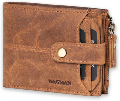 BAGMAN Men Casual Brown Genuine Leather Wallet(10 Card Slots)