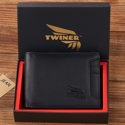 Twiner Men Casual Black Genuine Leather Wallet(8 Card Slots)