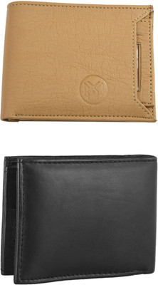 FF TRADERS Men Formal, Ethnic, Casual, Travel, Trendy Beige, Black Artificial Leather Wallet(5 Card Slots, Pack of 2)