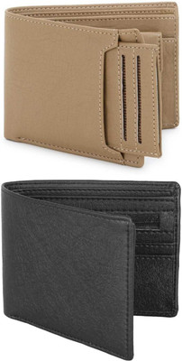 FF TRADERS Men Formal, Ethnic, Casual, Travel, Trendy Beige, Black Artificial Leather Wallet(5 Card Slots, Pack of 2)
