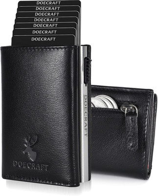 DOECRAFT Men Casual, Formal Black, Silver Genuine Leather, Aluminium Wallet(10 Card Slots)