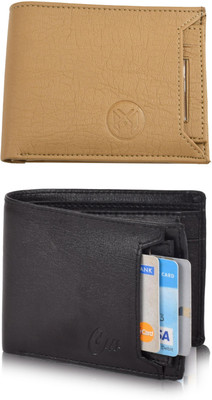 FF TRADERS Men Formal, Ethnic, Casual, Travel, Trendy Beige, Black Artificial Leather Wallet(5 Card Slots, Pack of 2)
