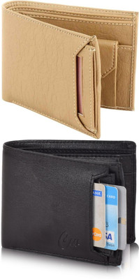 FF TRADERS Men Formal, Ethnic, Casual, Travel, Trendy Beige, Black Artificial Leather Wallet(5 Card Slots, Pack of 2)