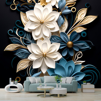 interawalldecor Vinyl Floral & Botanical Blue, White, Gold Wallpaper(L x W: 40 cm x 200 cm, Pack of 2)
