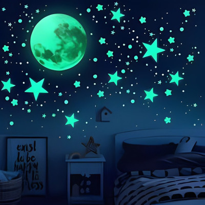 Thecoverking 30 inch Glowing Sticker of Full moon and Star Pack of 150 Self Adhesive Sticker(Pack of 1)