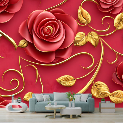 interawalldecor Vinyl Floral & Botanical Red, Gold Wallpaper(L x W: 40 cm x 200 cm, Pack of 2)