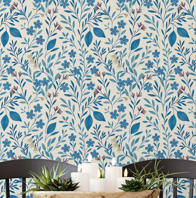 S4Sassy Vinyl Floral & Botanical Blue, Beige Wallpaper(L x W: 609 cm x 63 cm)