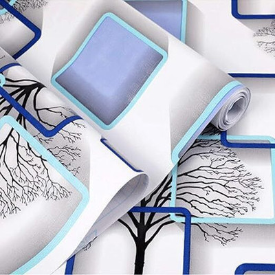 Wolpin PVC Floral & Botanical Blue, White Wallpaper(L x W: 1000 cm x 45 cm)