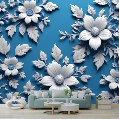 interawalldecor Vinyl Floral & Botanical Blue, White, Gold Wallpaper(L x W: 40 cm x 200 cm, Pack of 3)