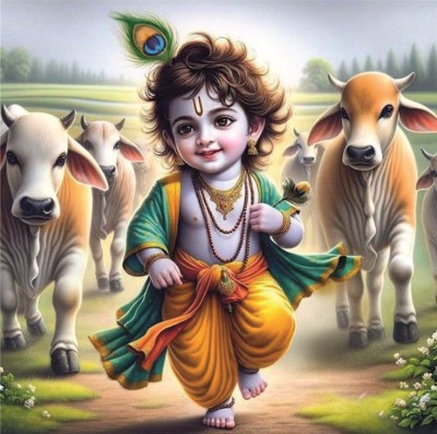 Shree Bal Krishna Running With Cow Devotional God Wall Poster For Pooja Room,Office,Bedroom,Living Room (Size -45 Cm X 45 cm) 3D Poster(18 inch X 18 inch)