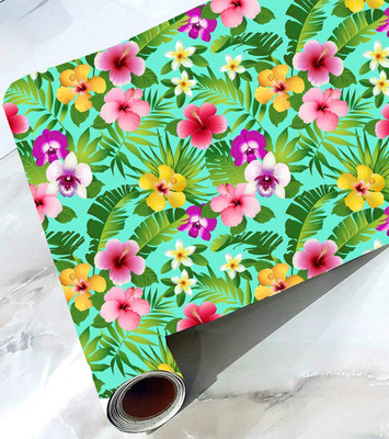 Walldaddyy Vinyl Floral & Botanical Green, Pink, Red, Multicolor Wallpaper(L x W: 127 cm x 38 cm)