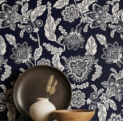 S4Sassy Vinyl Floral & Botanical Blue, White Wallpaper(L x W: 304 cm x 63 cm)