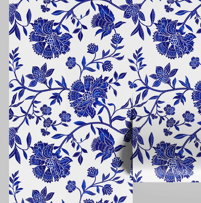S4Sassy Vinyl Floral & Botanical Blue, White Wallpaper(L x W: 304 cm x 63 cm)