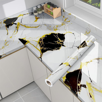 Guru Production Vinyl Decorative White, Black, Gold Wallpaper(L x W: 60 cm x 200 cm, Pack of 2)