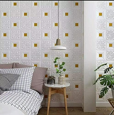 V R KART Embossed Architecture White, Gold Wallpaper(L x W: 70 cm x 70 cm, Pack of 5)