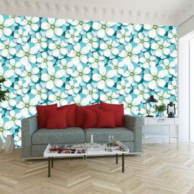 WallDaddy 40 cm Blue Flower Self Adhesive Sticker(Pack of 1)