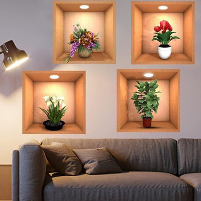SeaRegal 30 cm Beautiful Four Flower Vase Set 3D Self Adhesive Sticker(Pack of 4)