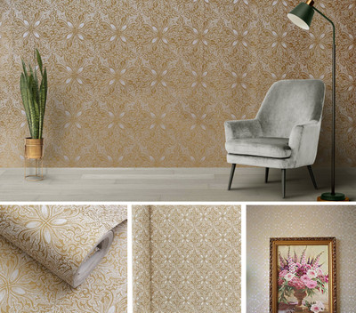HOMEMATES Floral & Botanical Gold Wallpaper(304.8 cm x 45 cm, Pack of 3)