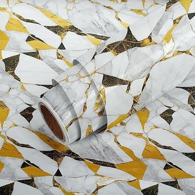 Soomthen Vinyl Abstract White, Gold, Black Wallpaper(L x W: 200 cm x 60 cm, Pack of 2)