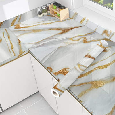 Soomthen Vinyl Abstract White, Gold Wallpaper(L x W: 200 cm x 60 cm, Pack of 2)