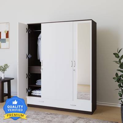 Nilkamal MOZART Engineered Wood 4 Door Wardrobe  (Finish Color - Walnut &amp; White, Mirror Included, Knock Down)